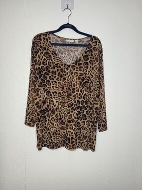 Susan Graver Leopard Print V-Neck Women's Top - Brown.
